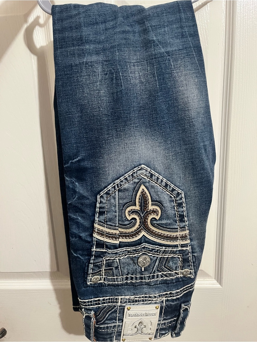 Rock Revival Men’s Slim Straight Dark Blue Embroidered Jeans